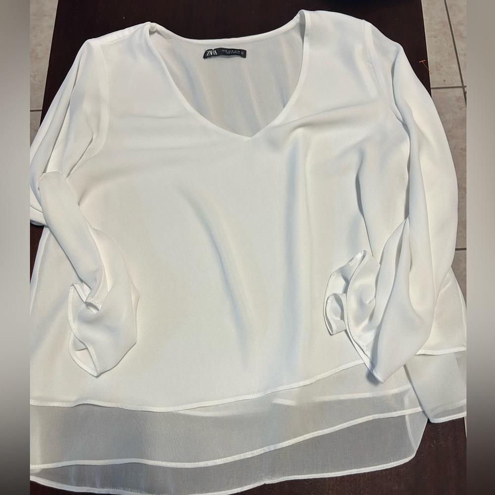 Zara White V-Neck Blouse